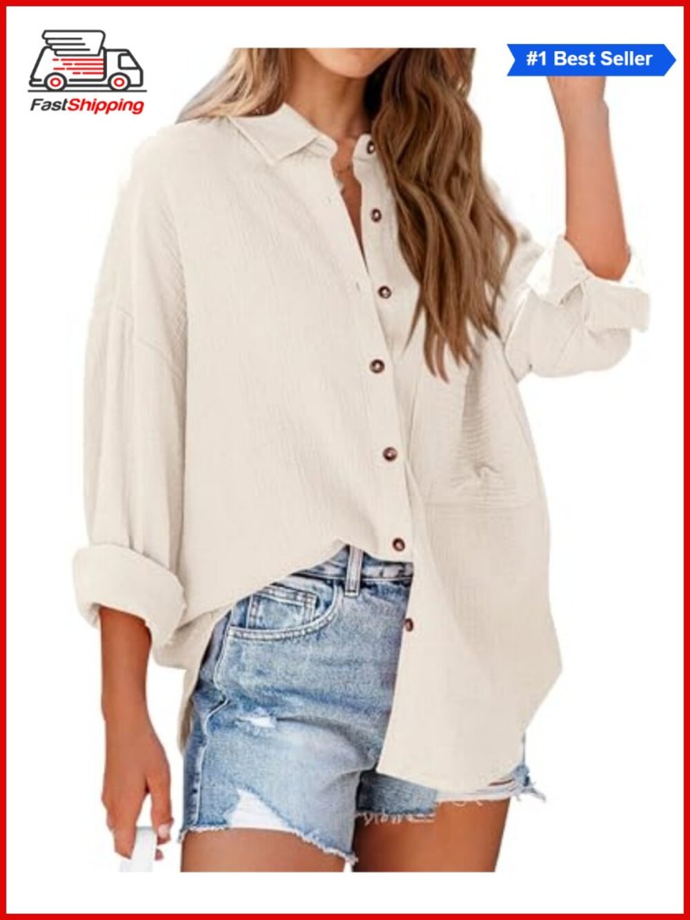 Womens Long Sleeve Button Down Blouse Business Casual V Neck Roll-Up Sleeves